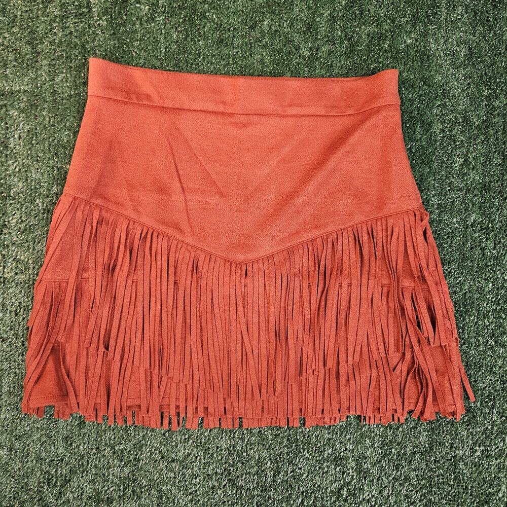FLYING TOMATO Womens M Red Faux Suede Fringe Skirt Side Zip Western Bohemian